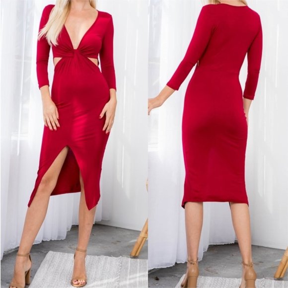 Dresses & Skirts - SEXY CUT OUT WAIST RED BODYCON MIDI DRESS